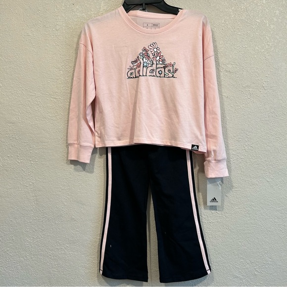 Adidas Kids Pink Logo Top and Black Pants Set - Picture 2 of 4